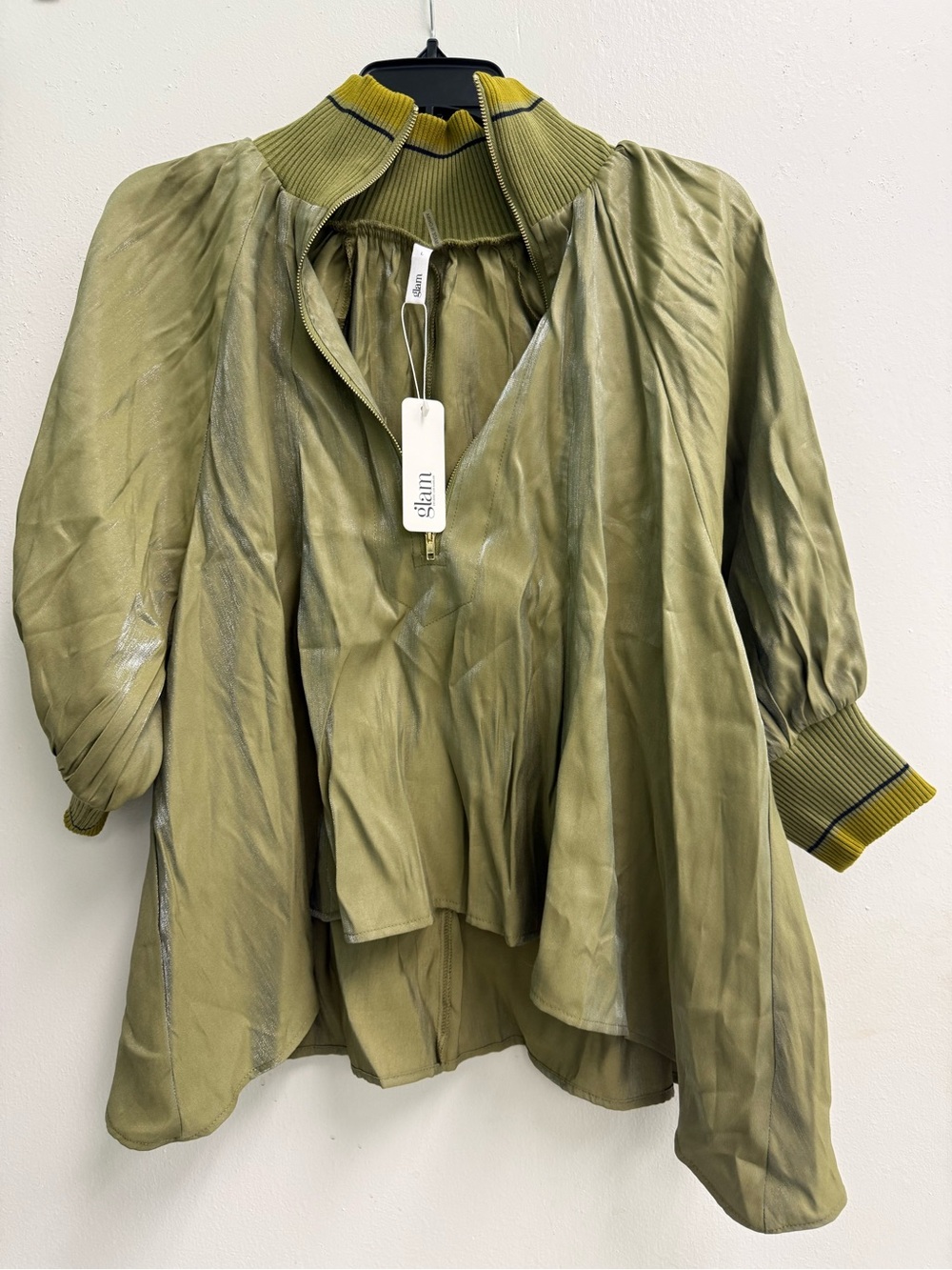 glam Olive Green Satin Puff-Sleeve Mock Neck Blouse